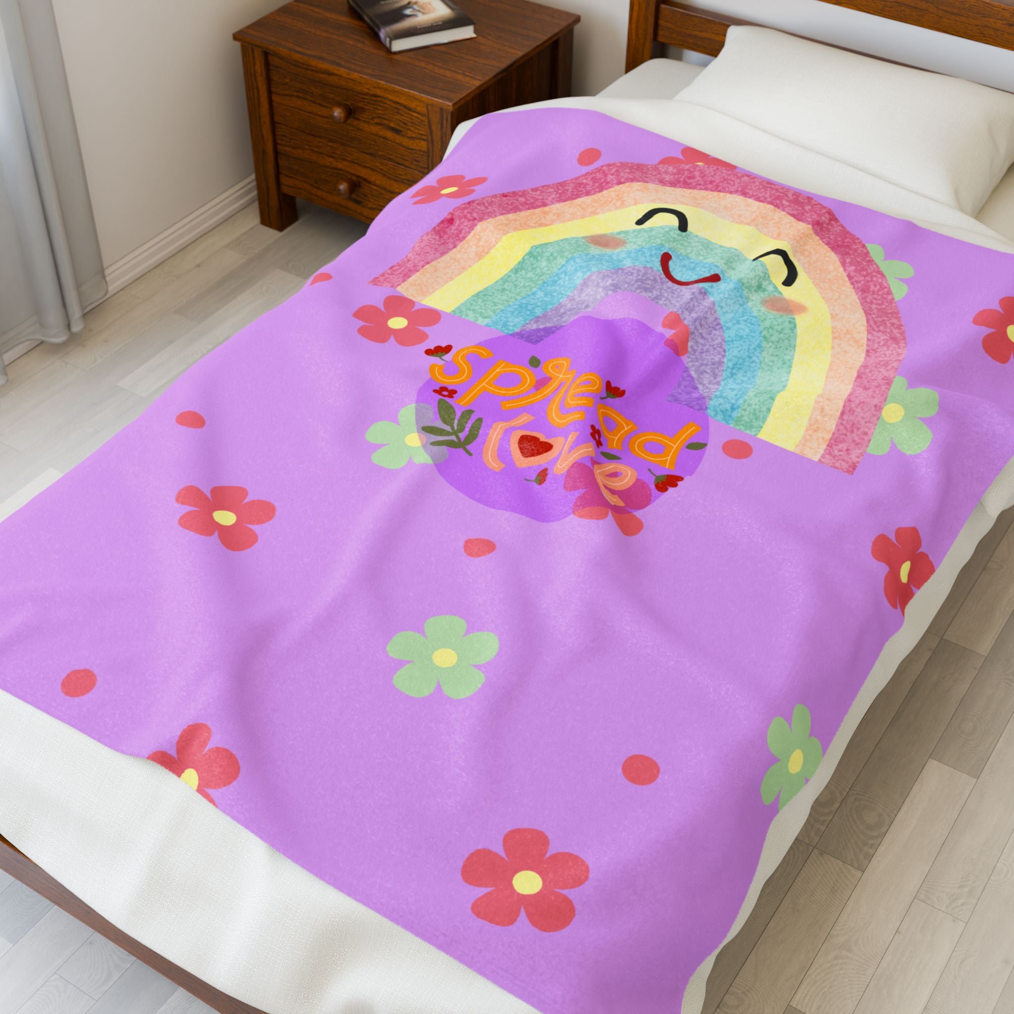 Rainbow Floral Plush Blanket | Cozy Throw for Kids, Nursery Decor, Birthday Gift, Spread Love, Soft Blanket