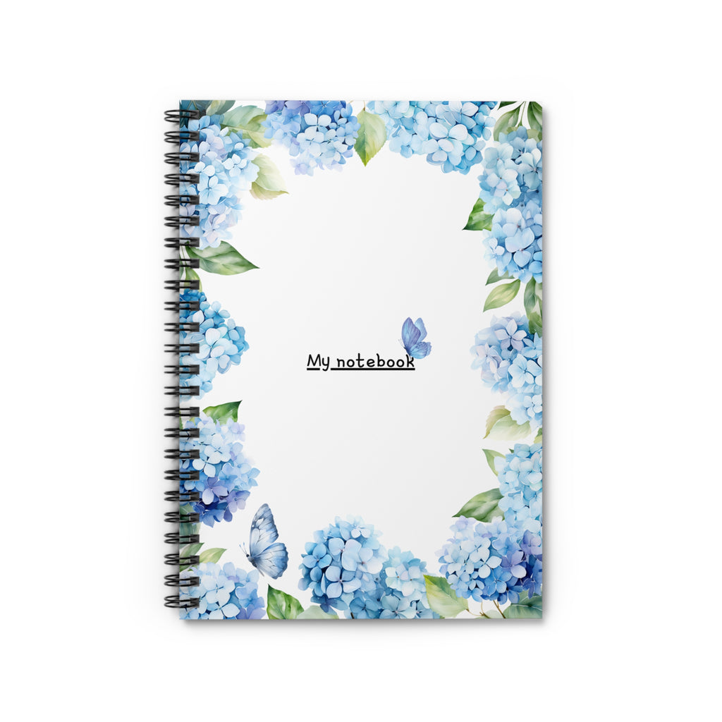 Floral Themed Spiral Notebook - Blue Hydrangea Design, Journal, Stationery, Gift for Students, Butterfly Decor, School Supplies
