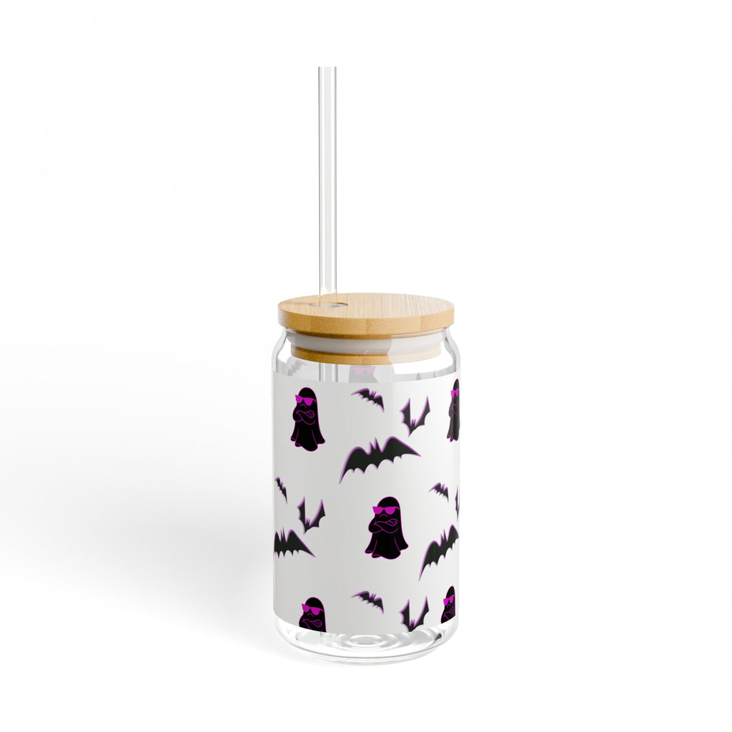 Halloween-Themed Sipper Glass, 16oz | Spooky Ghost & Bat Design, Perfect for Fall Parties, Unique Drinkware, Gift for Lovers of Halloween