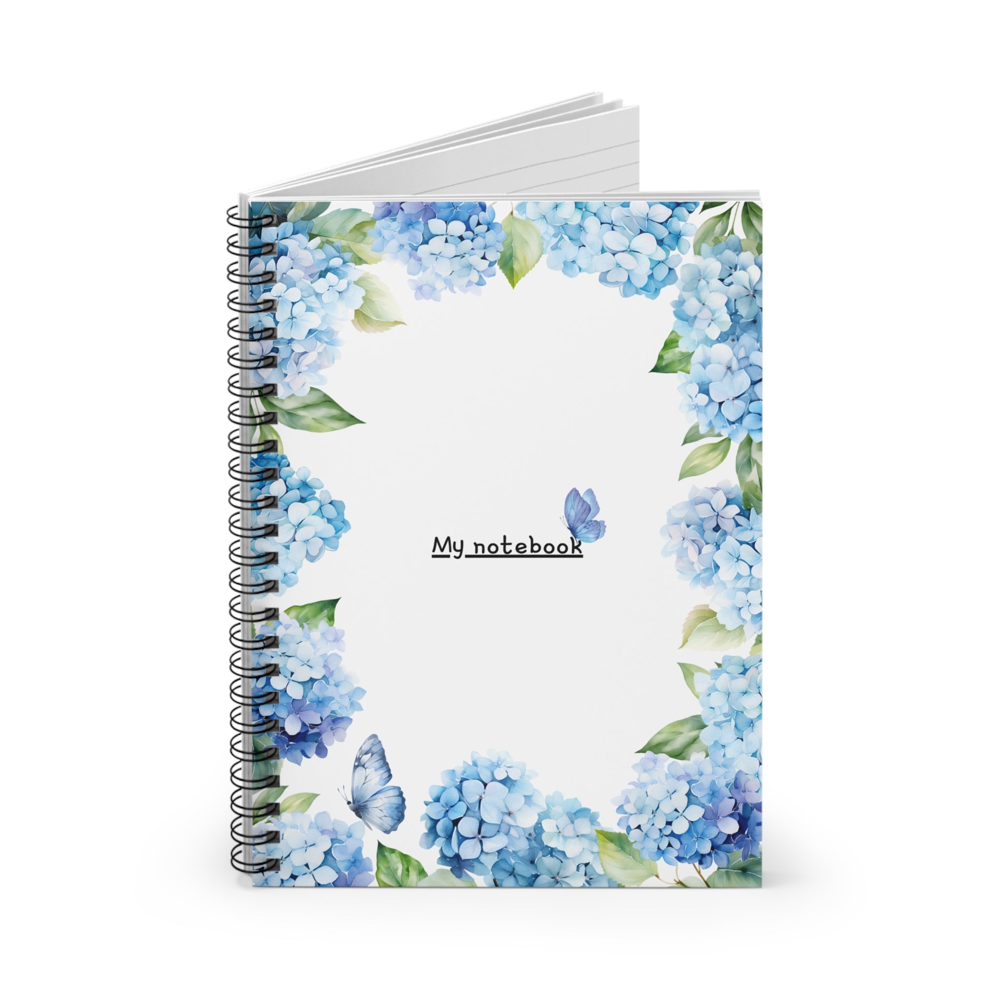 Floral Themed Spiral Notebook - Blue Hydrangea Design, Journal, Stationery, Gift for Students, Butterfly Decor, School Supplies