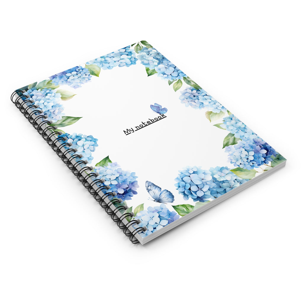 Floral Themed Spiral Notebook - Blue Hydrangea Design, Journal, Stationery, Gift for Students, Butterfly Decor, School Supplies