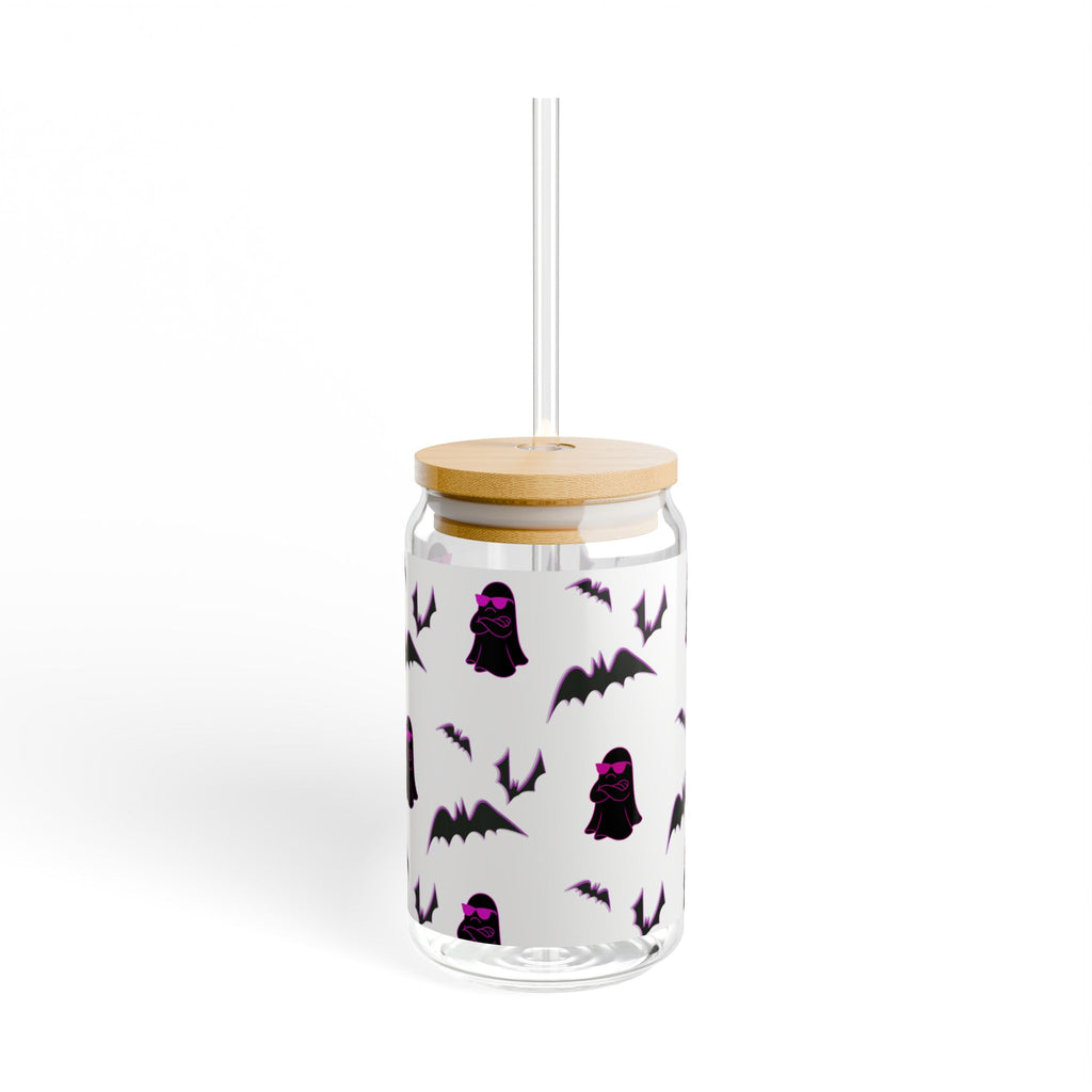 Halloween-Themed Sipper Glass, 16oz | Spooky Ghost & Bat Design, Perfect for Fall Parties, Unique Drinkware, Gift for Lovers of Halloween